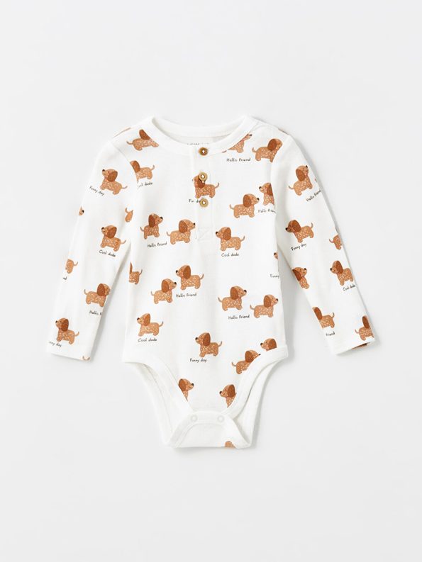 LCW Baby Cream Cute Dog Printed Boys Bodysuit