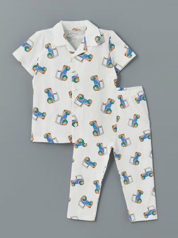 LCW Baby Ecru Polo Collar Printed Boys Pajama Set