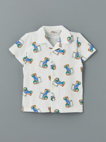 LCW Baby Ecru Polo Collar Printed Boys Pajama Set