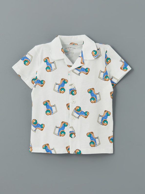 LCW Baby Ecru Polo Collar Printed Boys Pajama Set