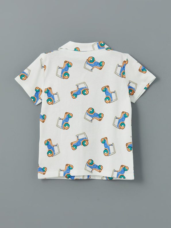 LCW Baby Ecru Polo Collar Printed Boys Pajama Set