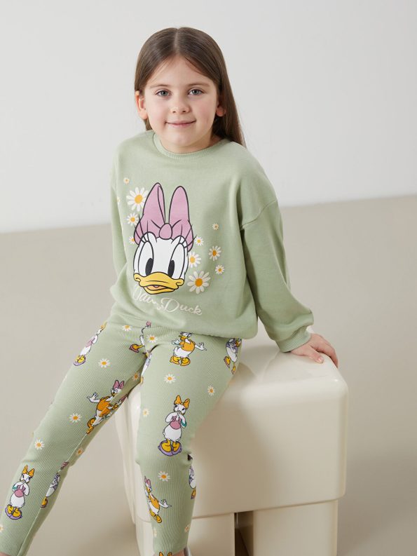 LCW Kids Green Daisy Duck Printed Girls Sweatshirt and Leggings Set