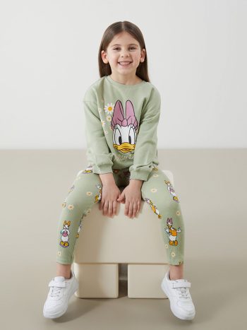 LCW Kids Green Daisy Duck Printed Girls Sweatshirt and Leggings Set