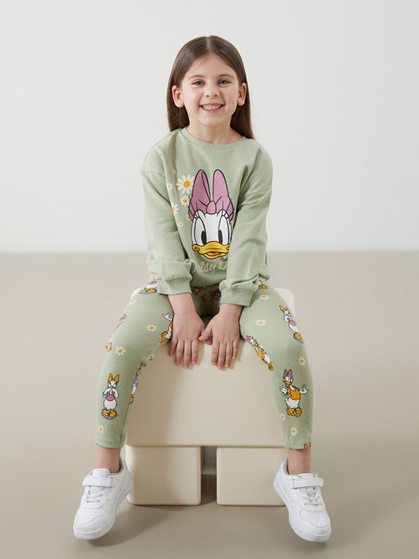 LCW Kids Green Daisy Duck Printed Girls Sweatshirt and Leggings Set