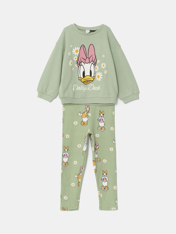 LCW Kids Green Daisy Duck Printed Girls Sweatshirt and Leggings Set