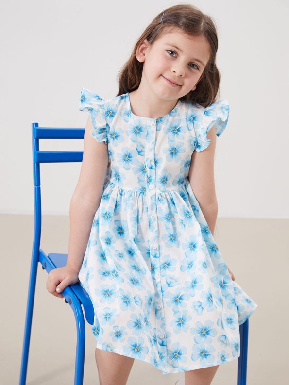 LCW Kids Blue Floral Print Girls' Poplin Dress