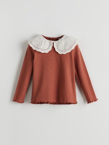 LCW Kids Brown Embroidered Peter Pan Collar Girls T-Shirt