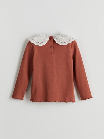 LCW Kids Brown Embroidered Peter Pan Collar Girls T-Shirt