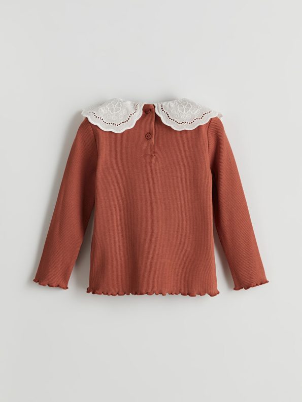 LCW Kids Brown Embroidered Peter Pan Collar Girls T-Shirt
