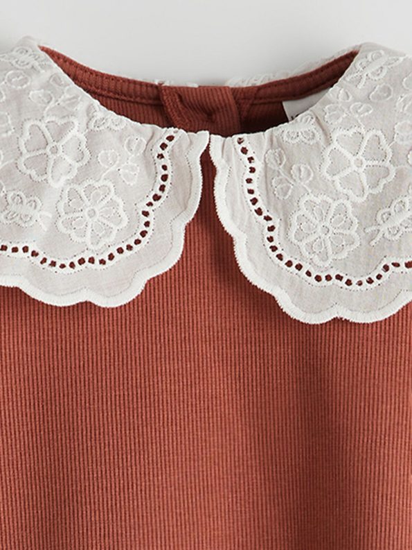 LCW Kids Brown Embroidered Peter Pan Collar Girls T-Shirt