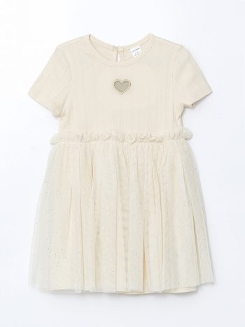 LCW Kids Beige Embroidered Tulle Dress for Girls