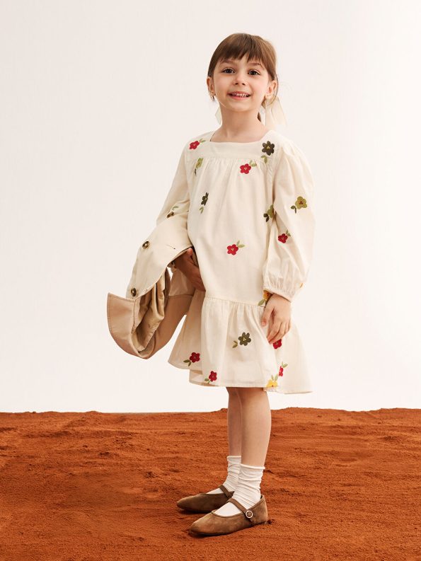 LCW Kids Cream Flower Embroidered Ruffled Poplin Dress