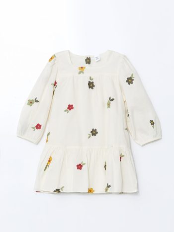LCW Kids Cream Flower Embroidered Ruffled Poplin Dress