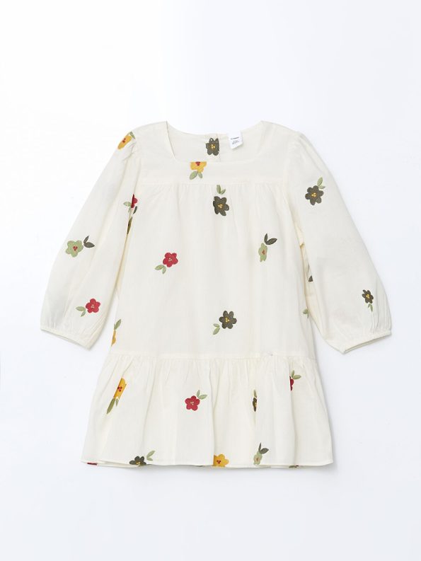 LCW Kids Cream Flower Embroidered Ruffled Poplin Dress