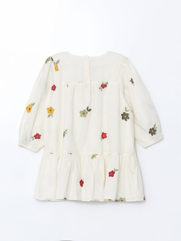 LCW Kids Cream Flower Embroidered Ruffled Poplin Dress