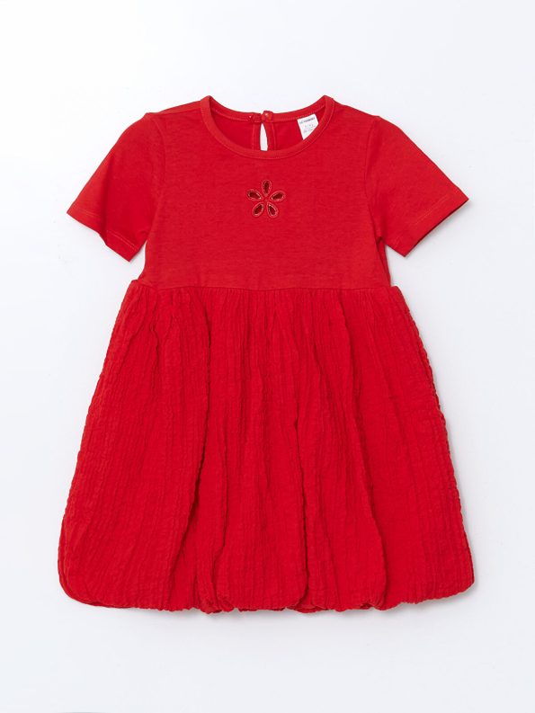 LCW Kids Red Embroidered Crinkle Ruffled Dress