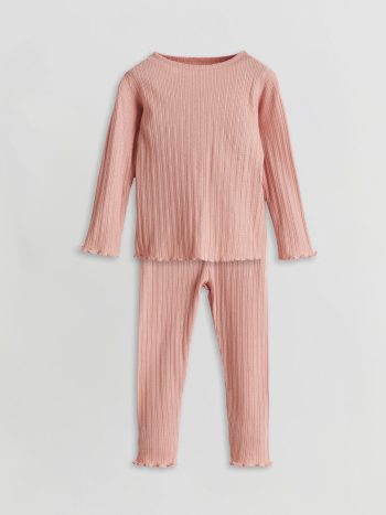 LCW Baby Pink Long Sleeve Basic Pajama Set for Girls