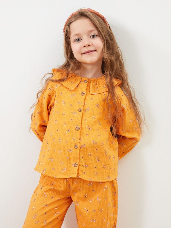 LCW Kids Yellow Peter Pan Collar Girls' Shirt and Pants Set
