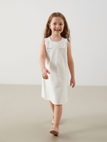 LCW Kids Cream Textured Bow Dress for Girls
