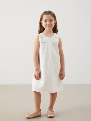 LCW Kids Cream Textured Bow Dress for Girls