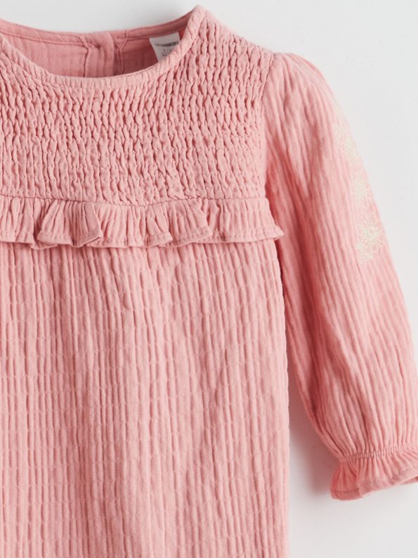 LCW Kids Pink Crew Neck Muslin Dress for Girls