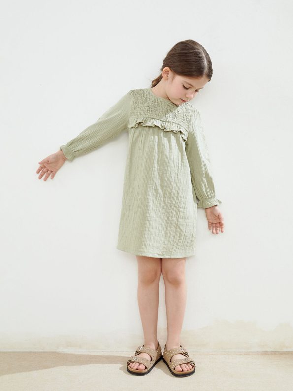 LCW Kids Green Crew Neck Muslin Dress for Girls