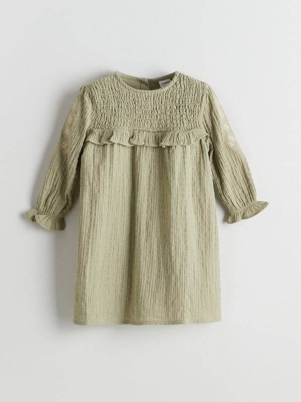 LCW Kids Green Crew Neck Muslin Dress for Girls