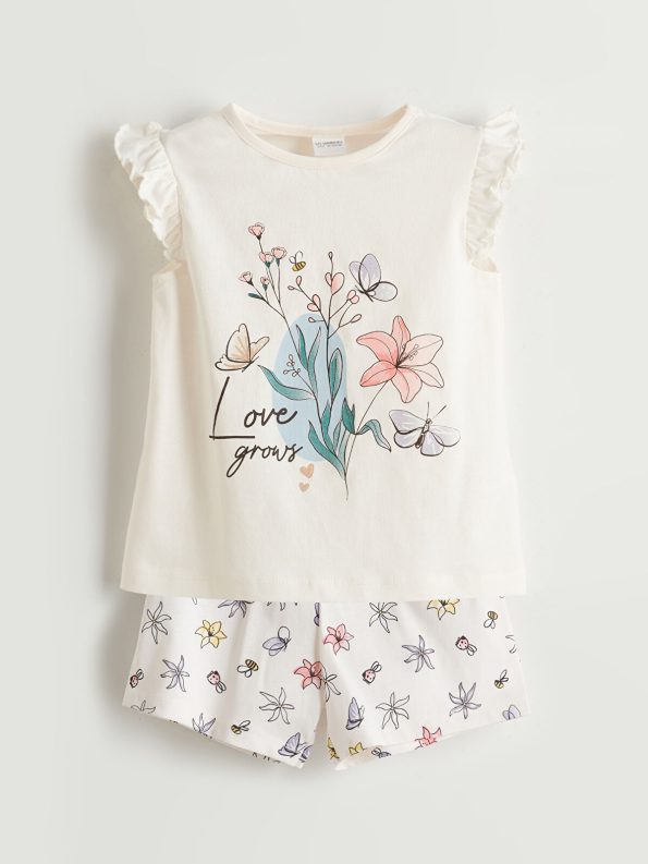 LCW Kids Cream Floral Girls' Pajama Set with Shorts