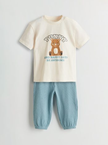 LCW Baby Beige Crew Neck Boys T-Shirt and Sweatpants Set