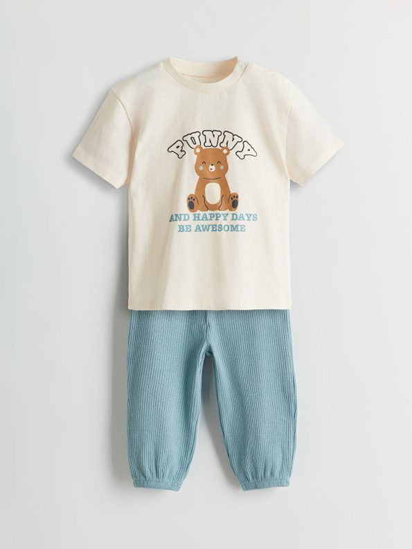 LCW Baby Beige Crew Neck Boys T-Shirt and Sweatpants Set