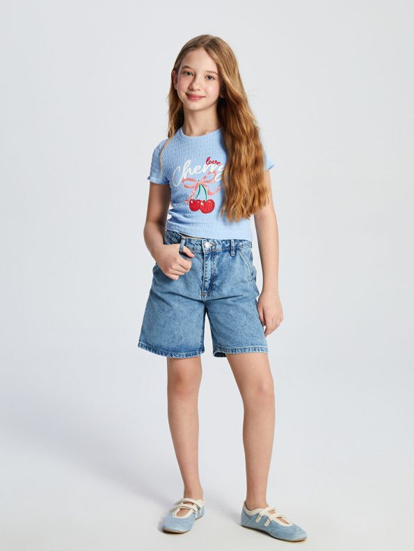LCW Kids Blue Adjustable Waistband Girls' Denim Shorts