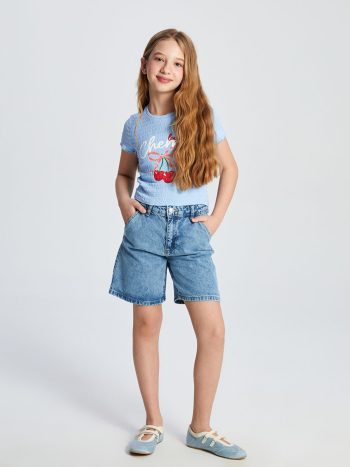 LCW Kids Blue Adjustable Waistband Girls' Denim Shorts