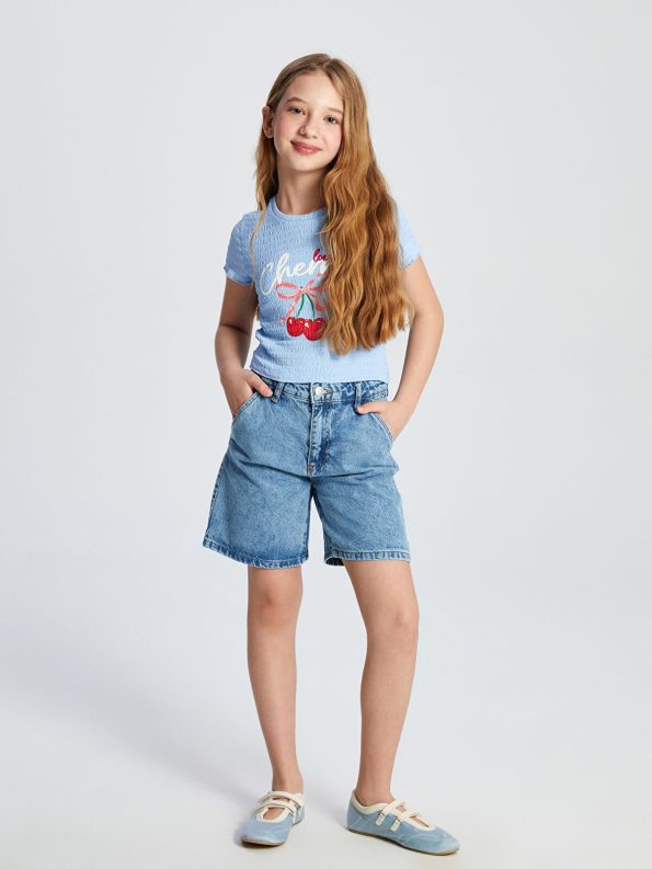 LCW Kids Blue Adjustable Waistband Girls' Denim Shorts