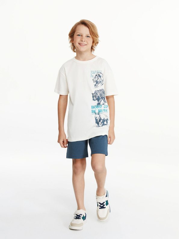 LCW Kids Cream Crew Neck Boys T-Shirt and Shorts Set