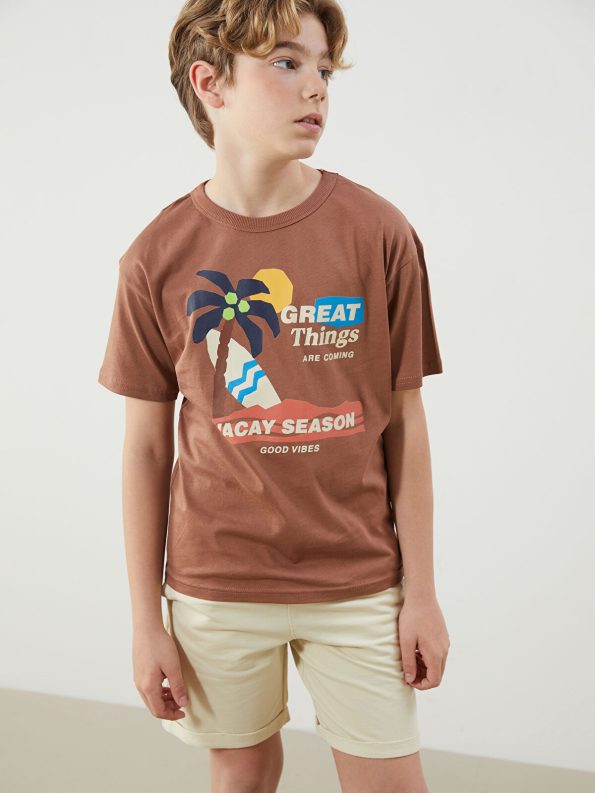 LCW Kids Brown Crew Neck Boys T-Shirt and Shorts Set