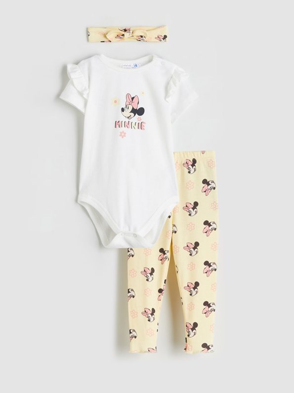 LCW Baby Ecru Minnie Mouse Printed Girls' Bodysuit Leggings and Headband Set