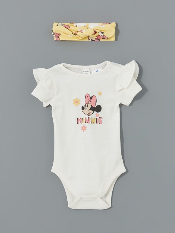 LCW Baby Ecru Minnie Mouse Printed Girls' Bodysuit Leggings and Headband Set