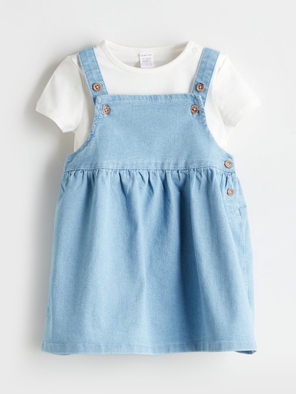 LCW Baby Blue Girls' Denim Dress and Blouse Set