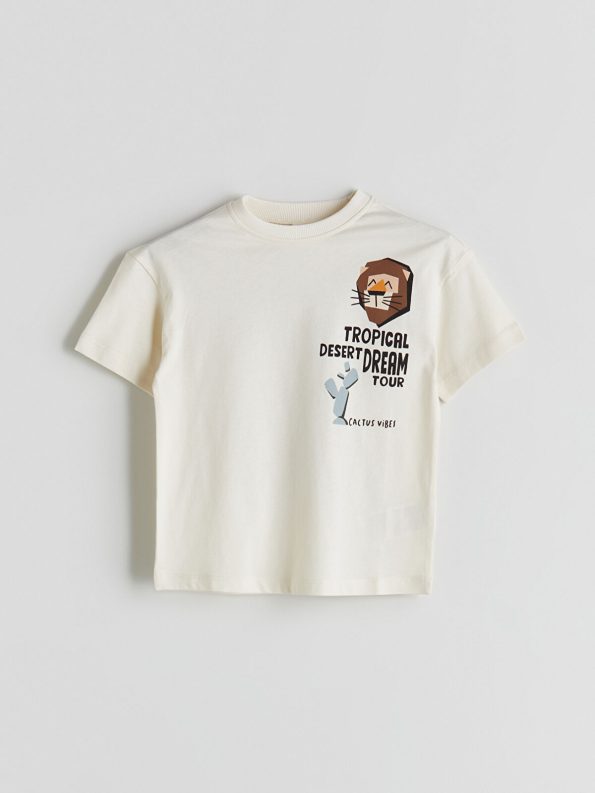LCW Kids Beige Crew Neck Printed T-Shirt for Boys