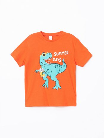 LCW Kids Orange Crew Neck Dinosaur Print T-Shirt
