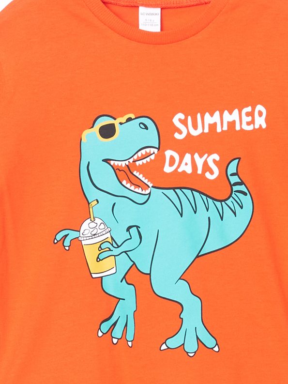 LCW Kids Orange Crew Neck Dinosaur Print T-Shirt