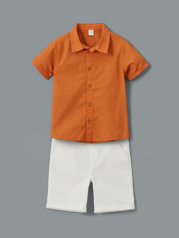 LCW Kids Orange Short Sleeve Basic Baby Boy Shirt and Shorts Set