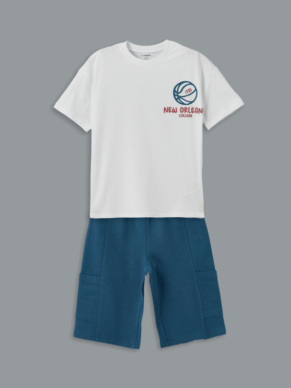 LCW Kids White Crew Neck Boys' T-Shirt and Shorts Set