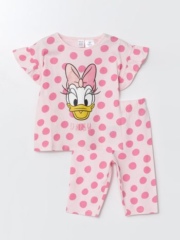 LCW Baby Pink Daisy Duck Printed Girl's T-Shirt and Pants Set