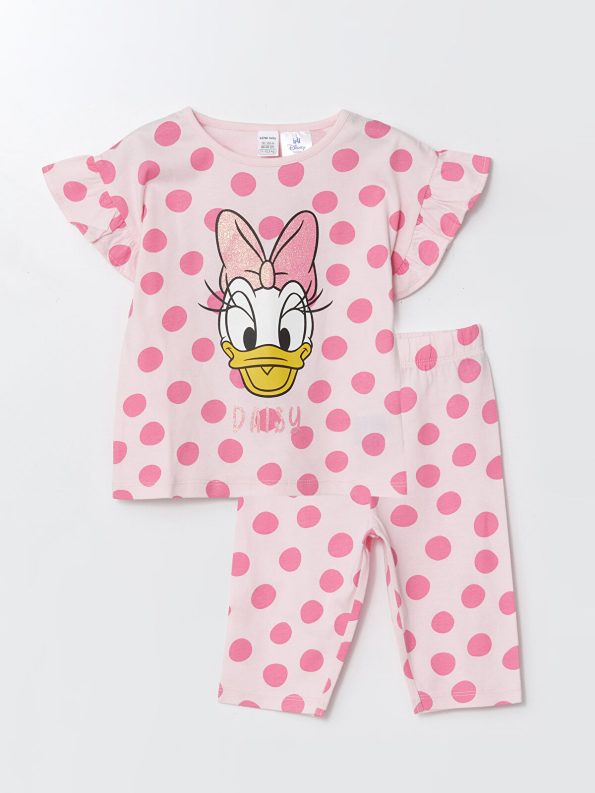 LCW Baby Pink Daisy Duck Printed Girl's T-Shirt and Pants Set