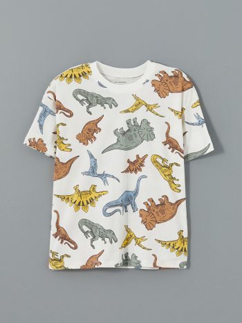 LCW Kids Cream Dinosaur Print Boy's T-Shirt and Shorts Set