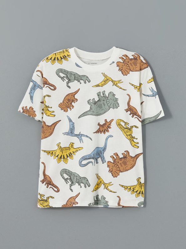 LCW Kids Cream Dinosaur Print Boy's T-Shirt and Shorts Set