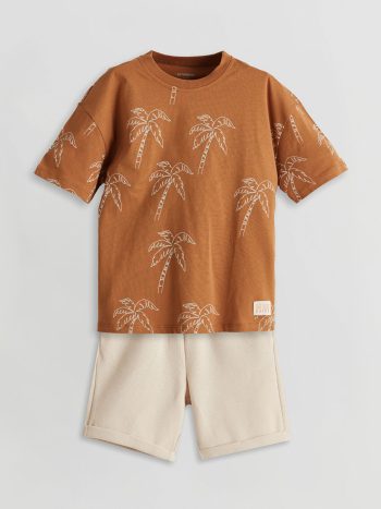LCW Kids Brown Printed Cotton Boys T-Shirt and Shorts Set