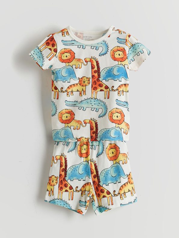 LCW Baby Cream Printed Short Pajama Set for Boys