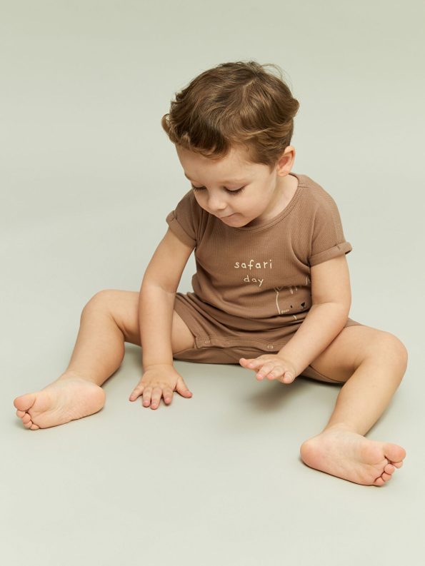 LCW Baby Beige Printed Boy's Cotton Romper Set